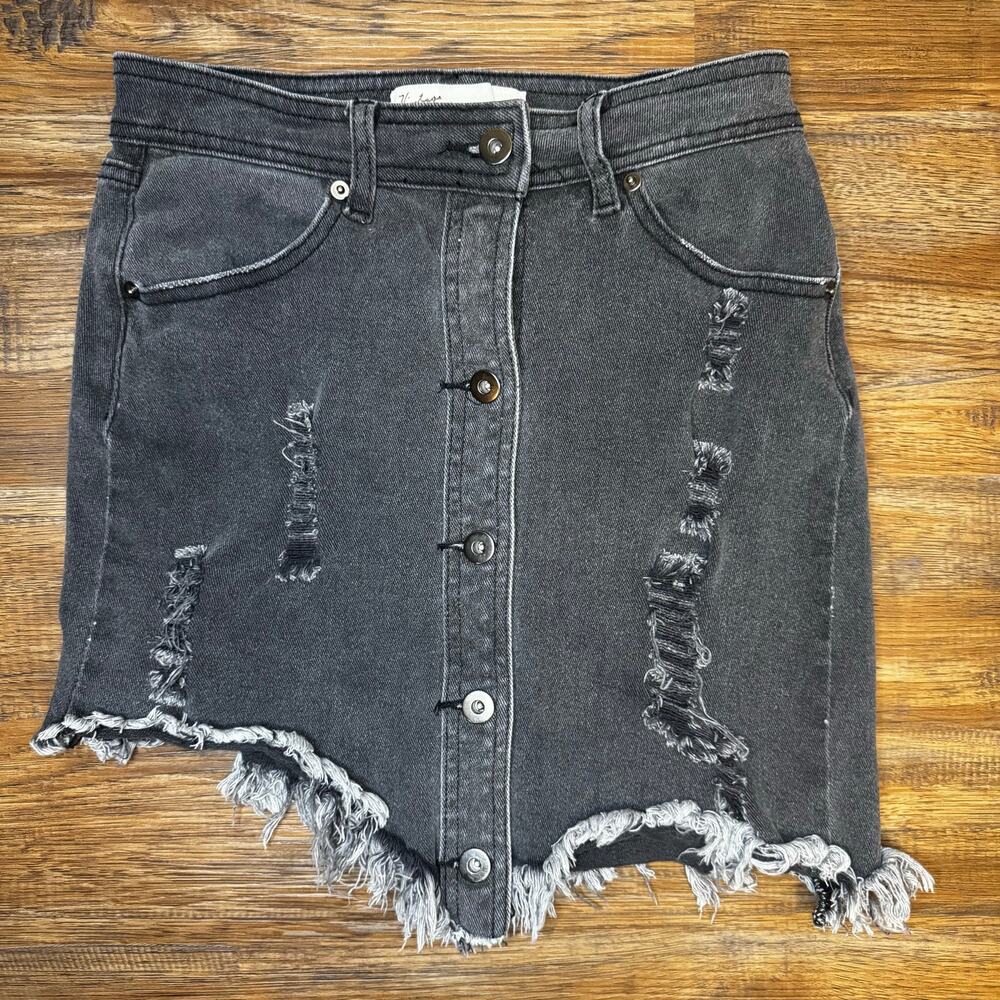 Vintage Havana sz SMALL black jean skirt DISTRESSED asymmetrical raw hem stretch